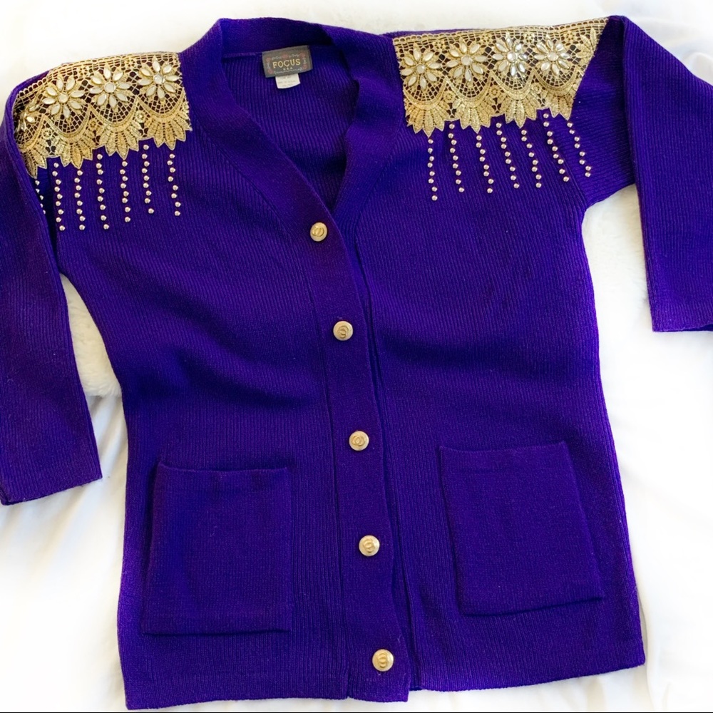 Vintage Purple Sweater with Gold Embellishments